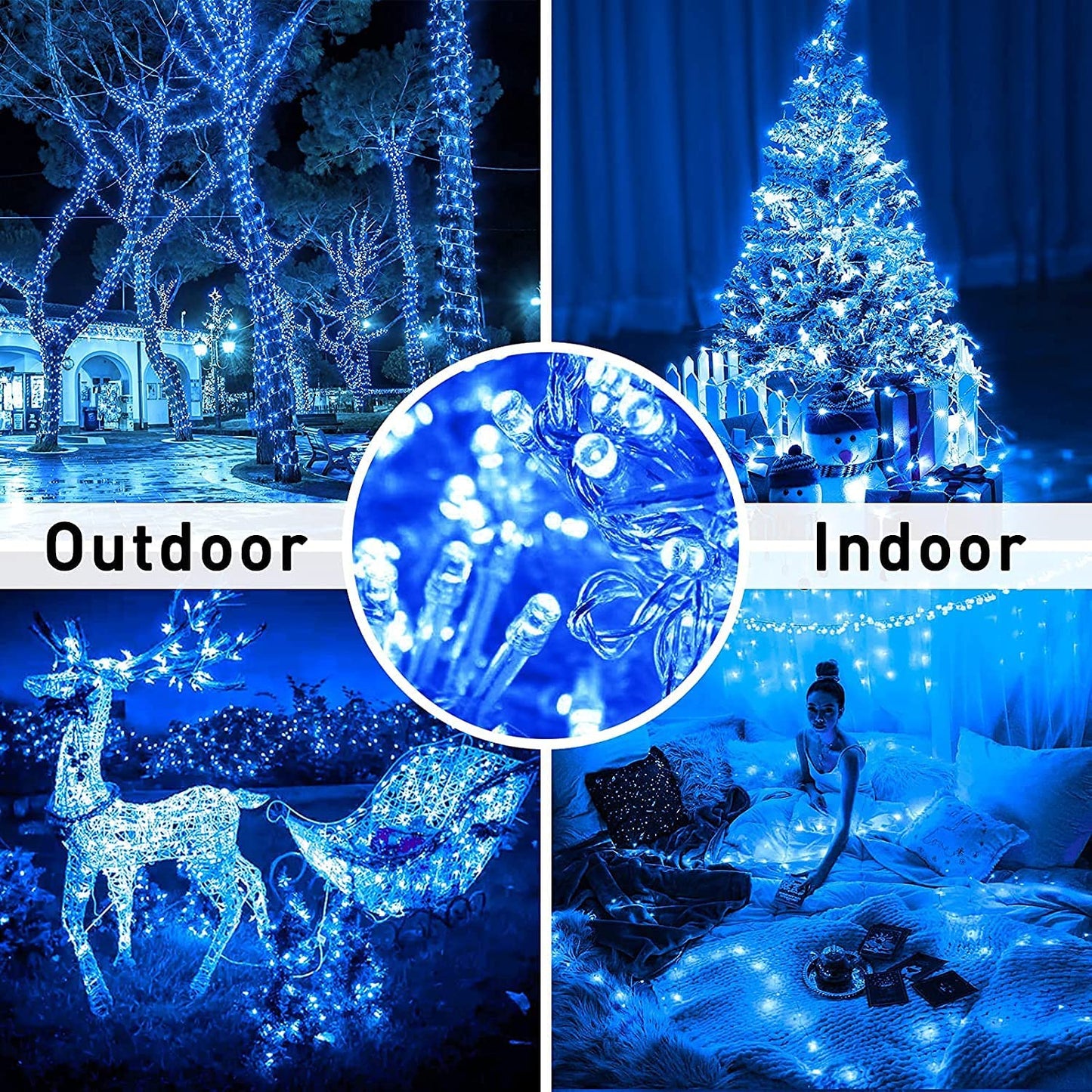 Vibrant blue LED Christmas lights glowing brightly, perfect for creating a magical holiday ambiance.