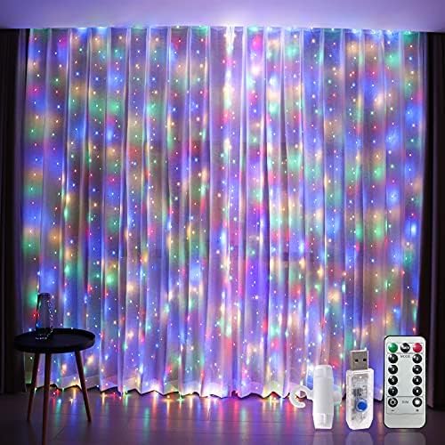  Colorful lights shining on curtains in a room.