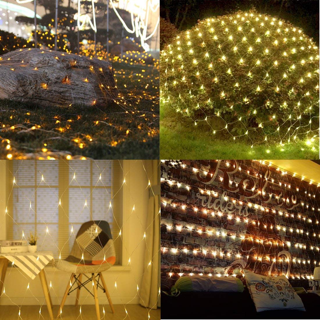  Various types of lights including string lights, neon signs, and LED bulbs in a series of pictures.