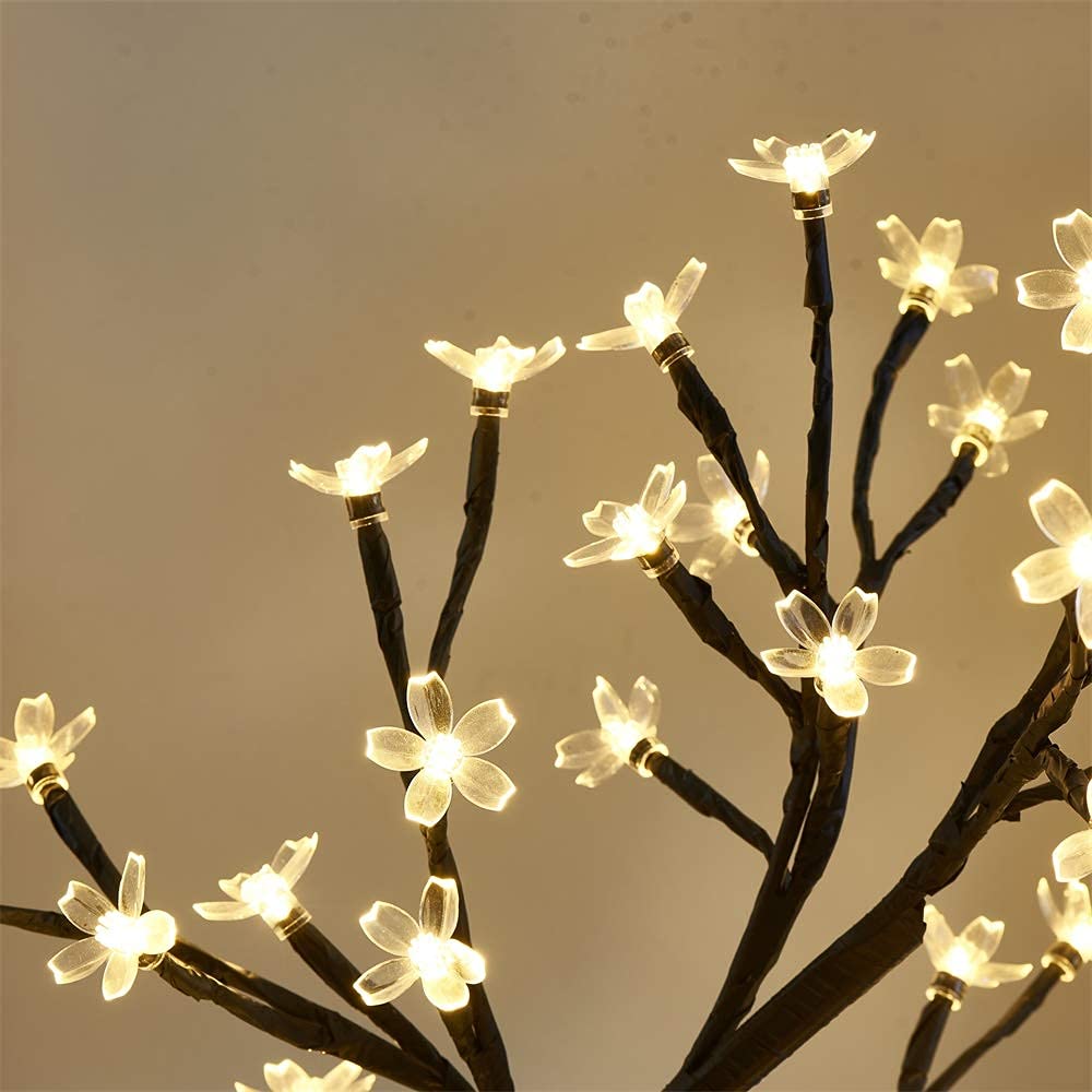 Tree with white flowers glowing under soft lighting.