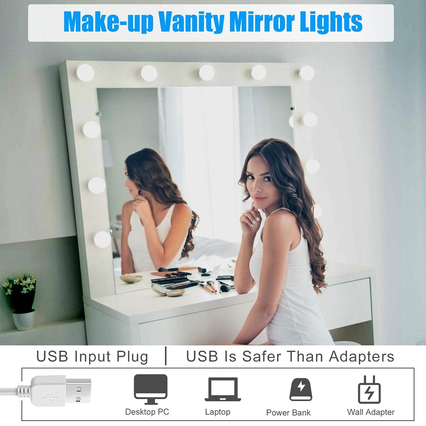 A woman sitting at a vanity mirror with a USB port.