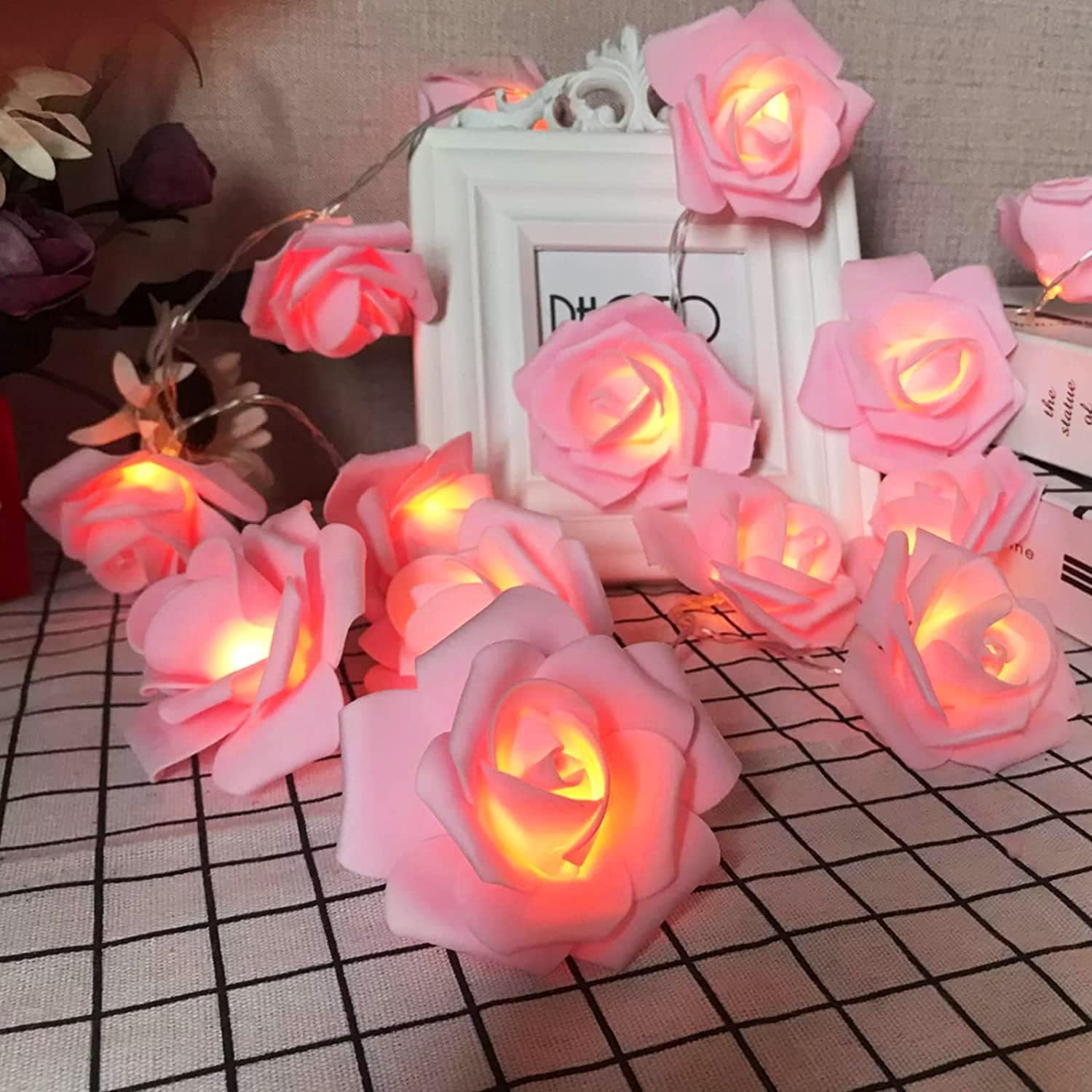  Decorative pink rose LED string lights.