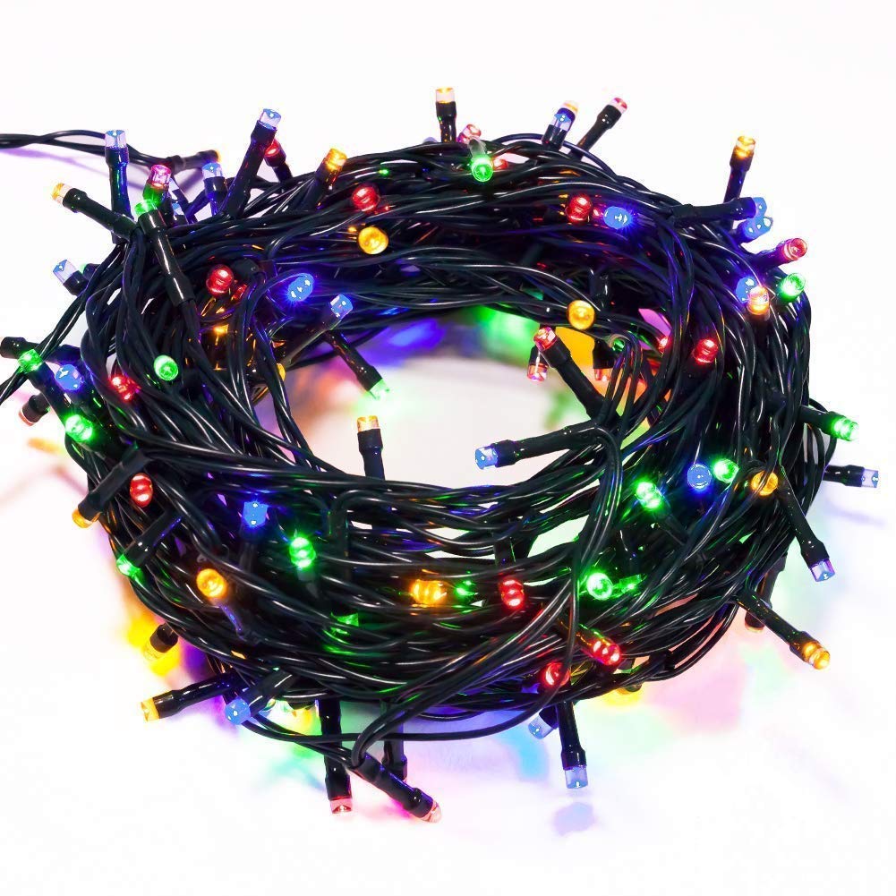 A festive tangle of multi colored Christmas lights.