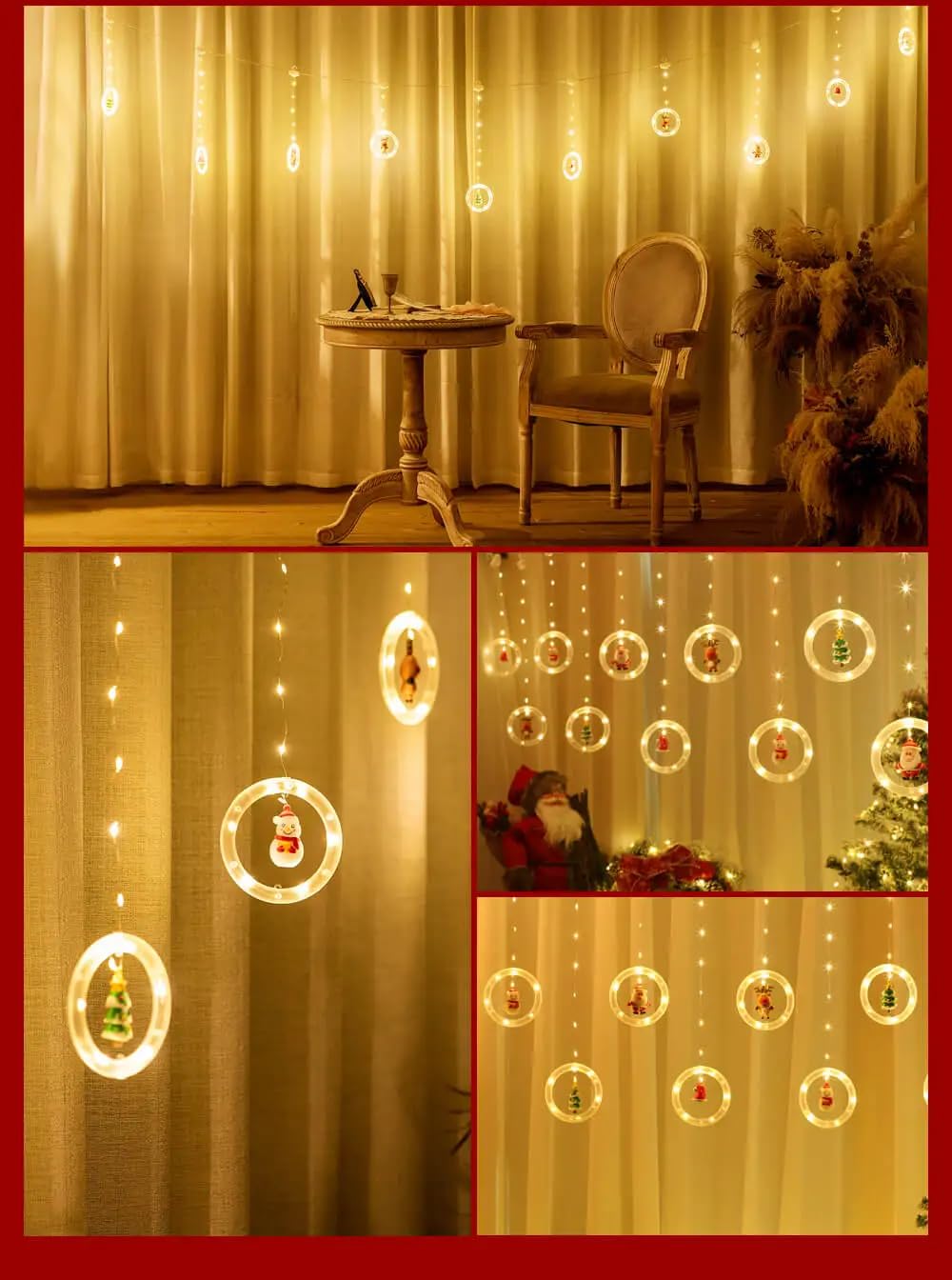 Christmas-themed room with decorations and twinkling lights