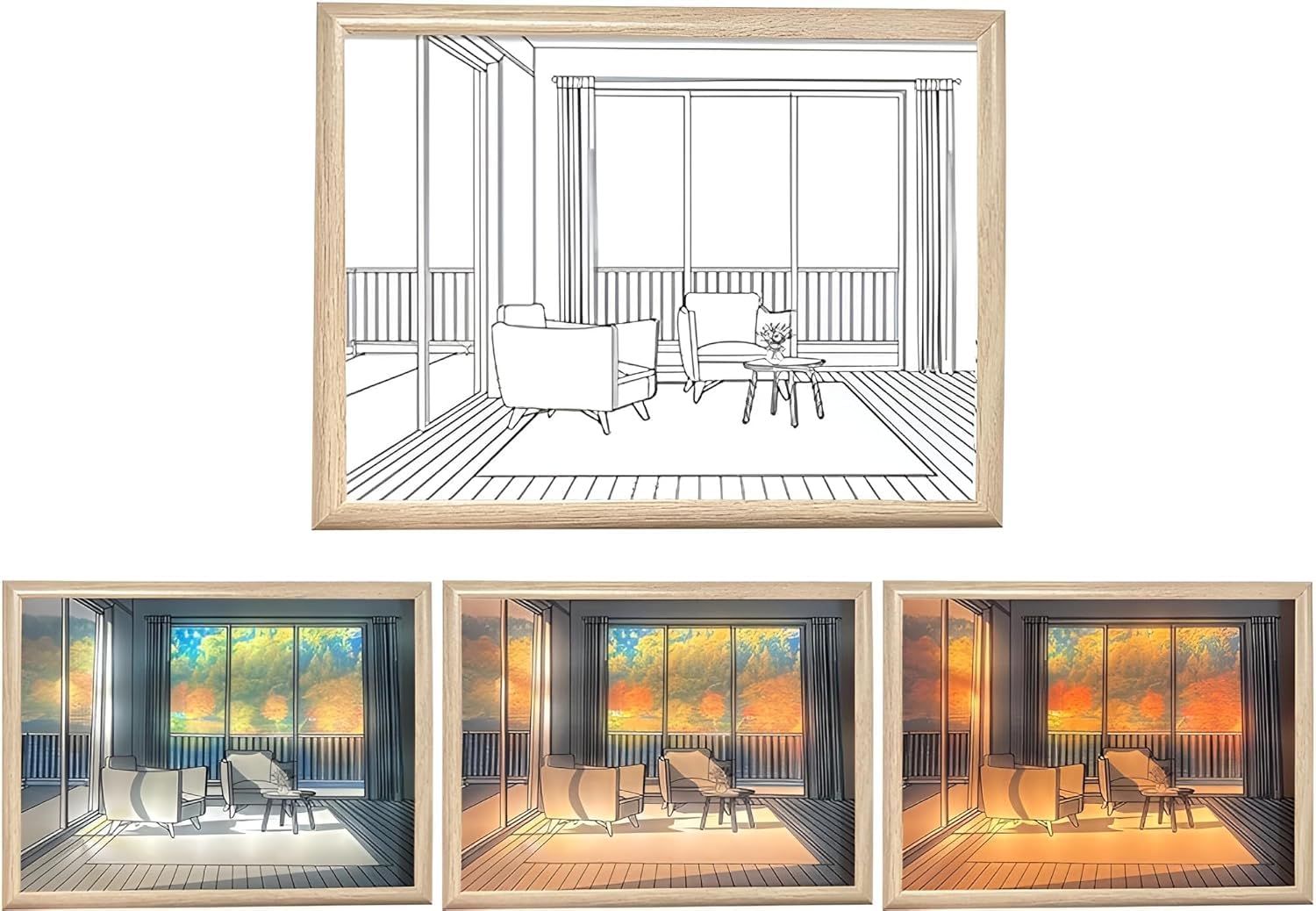 The living room showcases a stunning sunset painting illuminated by a 3D LED night light.