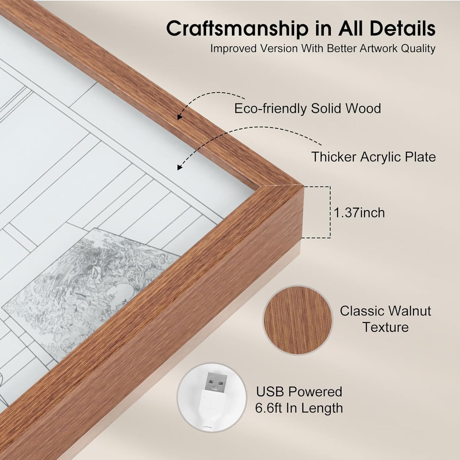 A wooden frame encases a detailed drawing, showcasing artistic craftsmanship and elegance.