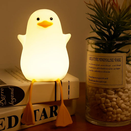 A illuminated duck perched on a bookshelf, adding a whimsical touch to the cozy decor.
