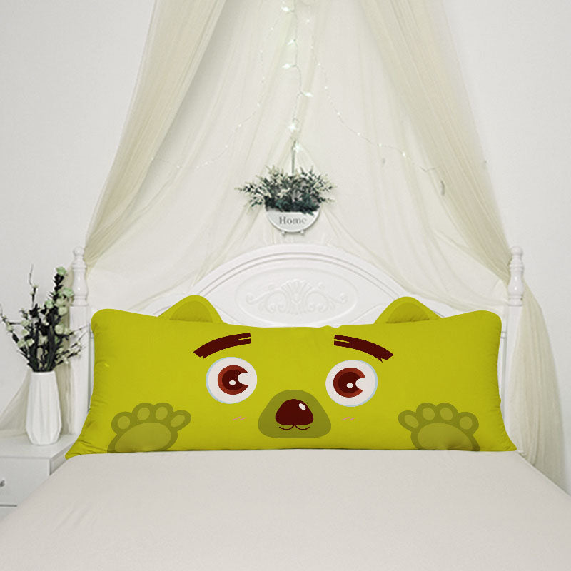 A cute cartoon bear on a pillow, perfect for snuggling and adding a touch of whimsy to your decor.