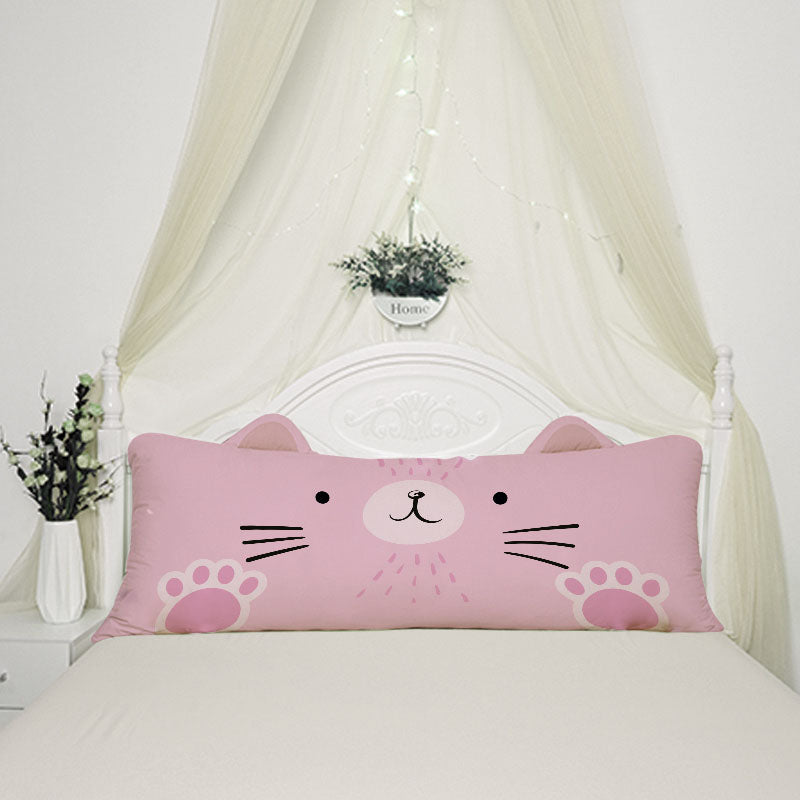 A pink cat pillow with black paws, perfect for cat lovers and adding a touch of cuteness to any room decor.