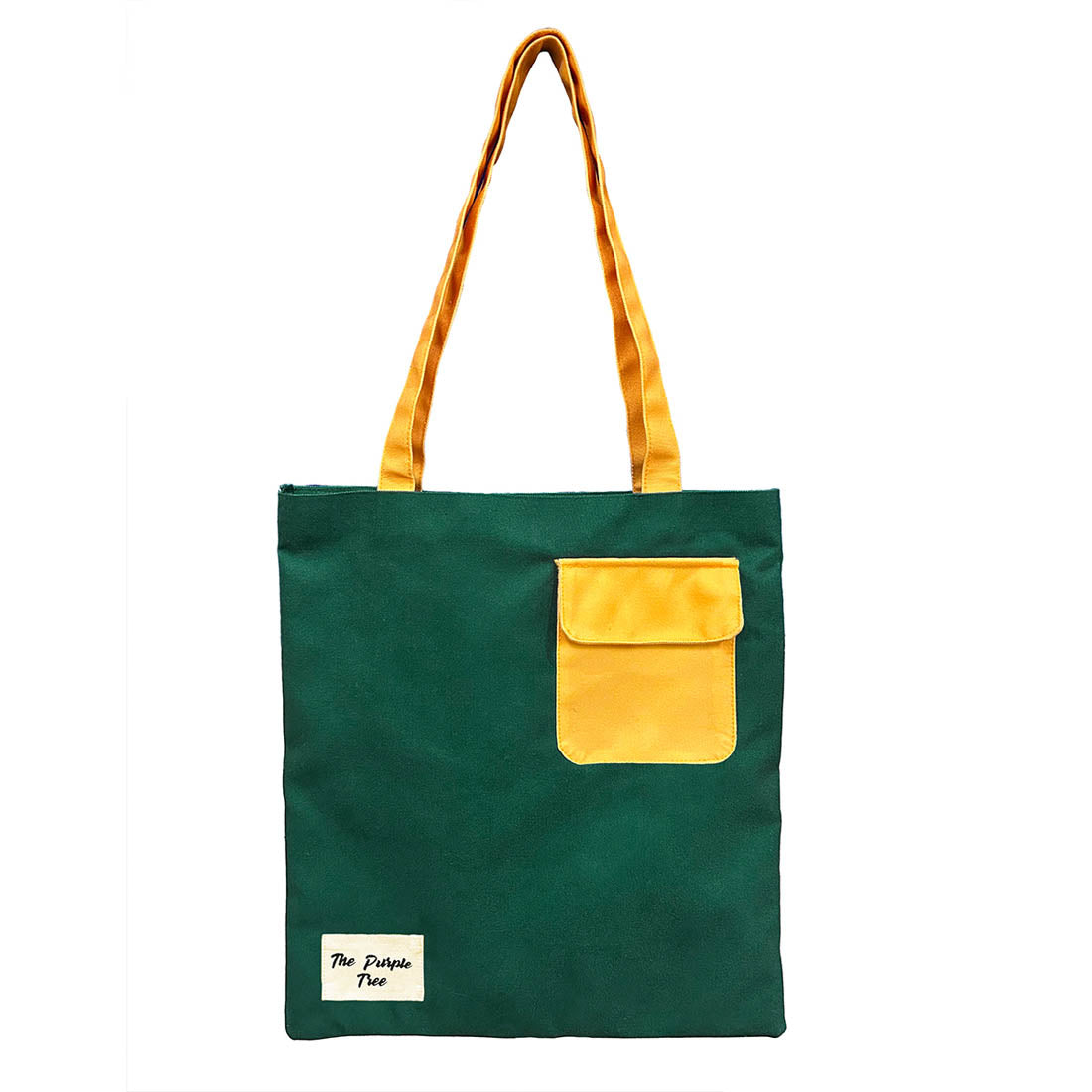  Fashionable tote bag in green and yellow hues, complete with a vibrant yellow pocket.
