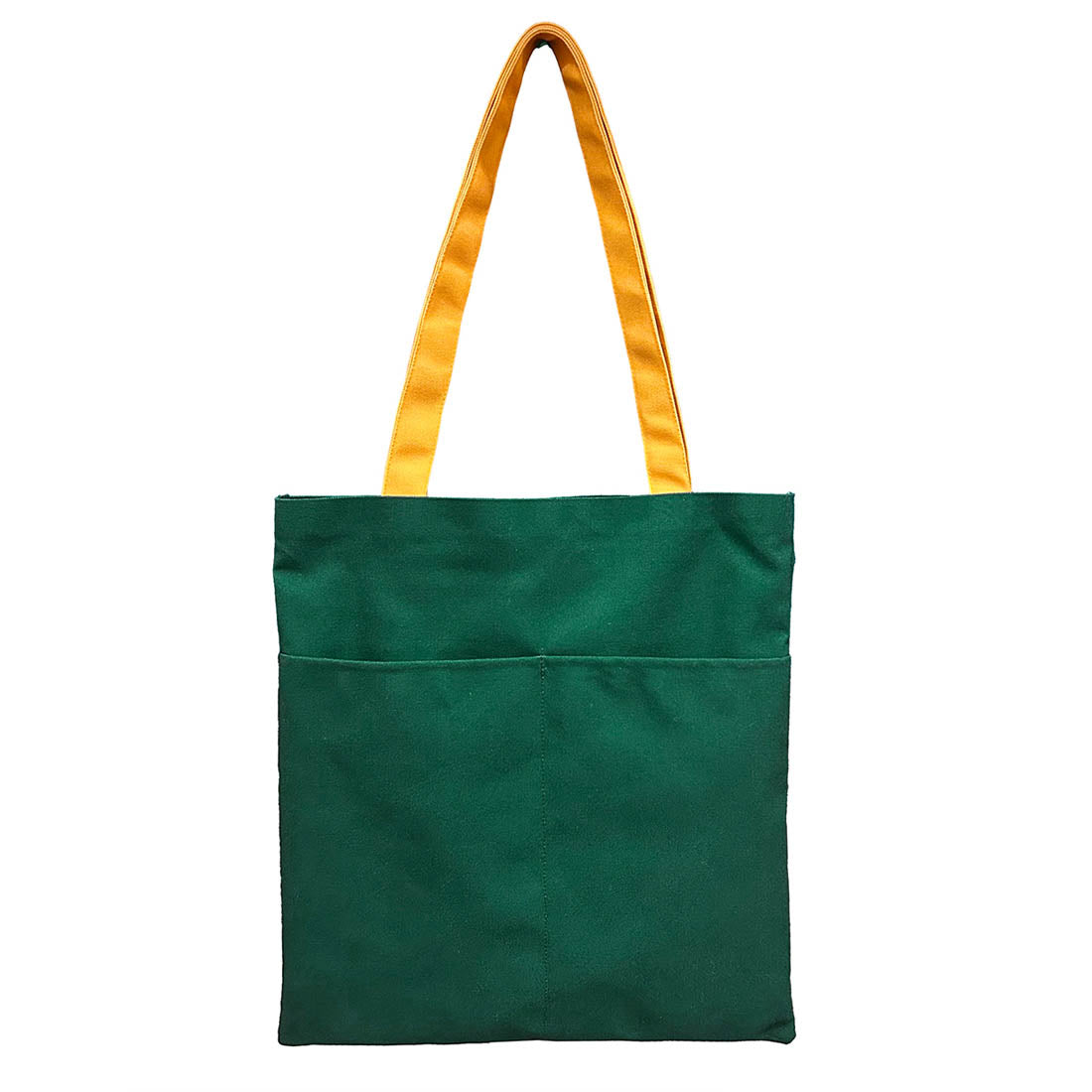 Green and yellow tote bag with a yellow pocket, perfect for carrying essentials in style.