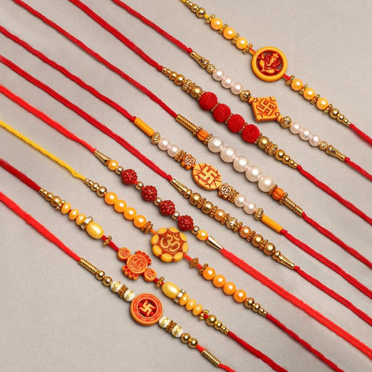 Collection of 10 rakhi adorned with beads and gold thread, symbolizing the special relationship between brothers and sisters.