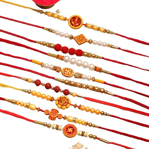 Ten colorful rakhi strings with unique designs for Raksha Bandhan celebration.