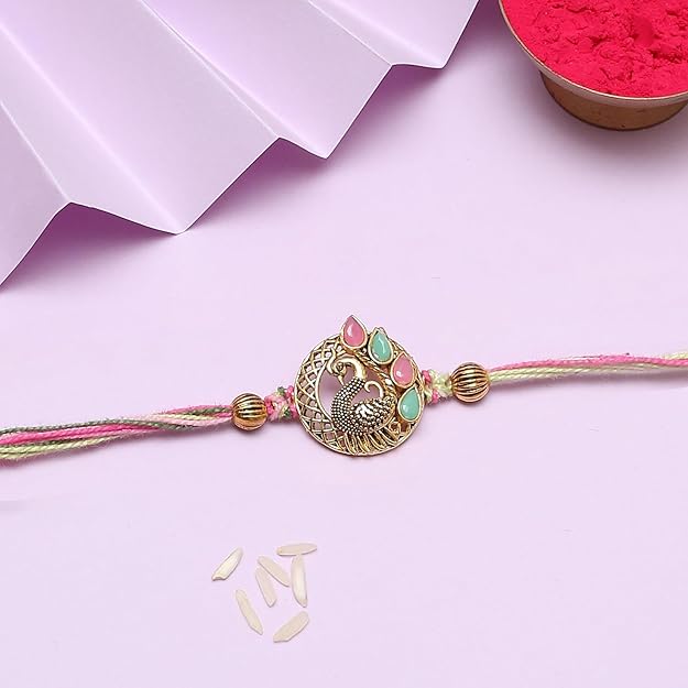 Golden Peacock Stone Studded Rakhi