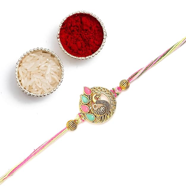 Golden Peacock Stone Studded Rakhi