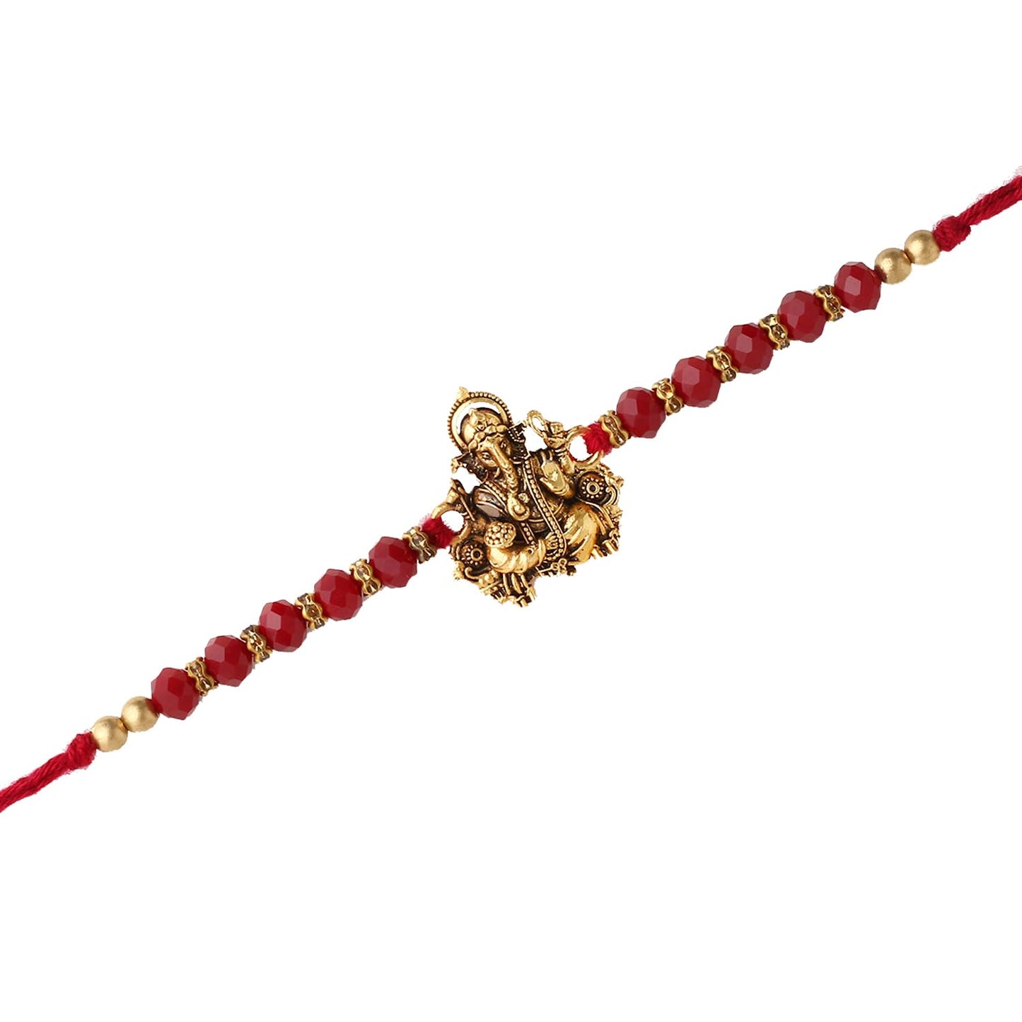 Stylish red bead Rakhi featuring a stunning gold and silver pattern, ideal for accessorizing.