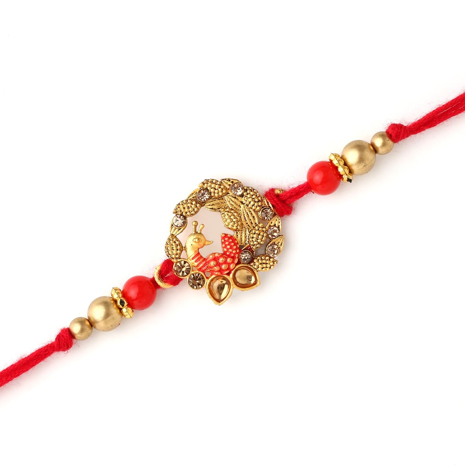 Red bead Rakhi with gold charm, perfect accessory for any outfit.