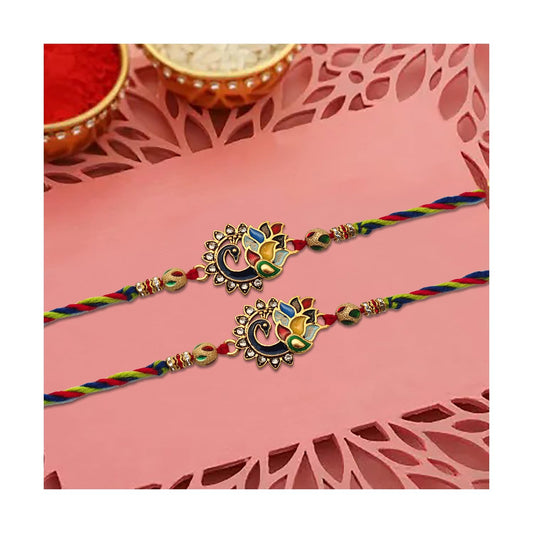 Vibrant rakhi with gold and silver beads, symbolizing love and protection in Indian culture.