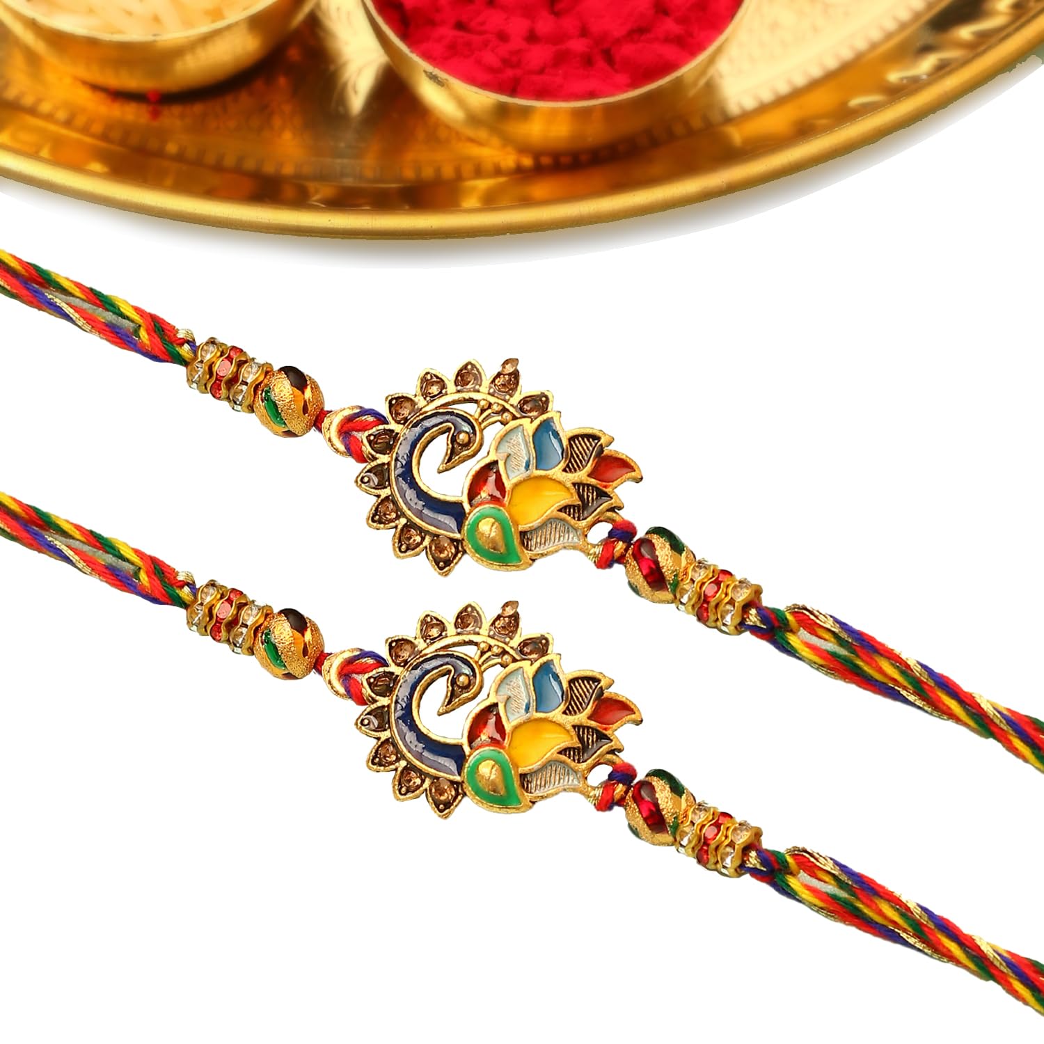 Bright rakhi with gold and silver beads, a lovely choice for Raksha Bandhan.