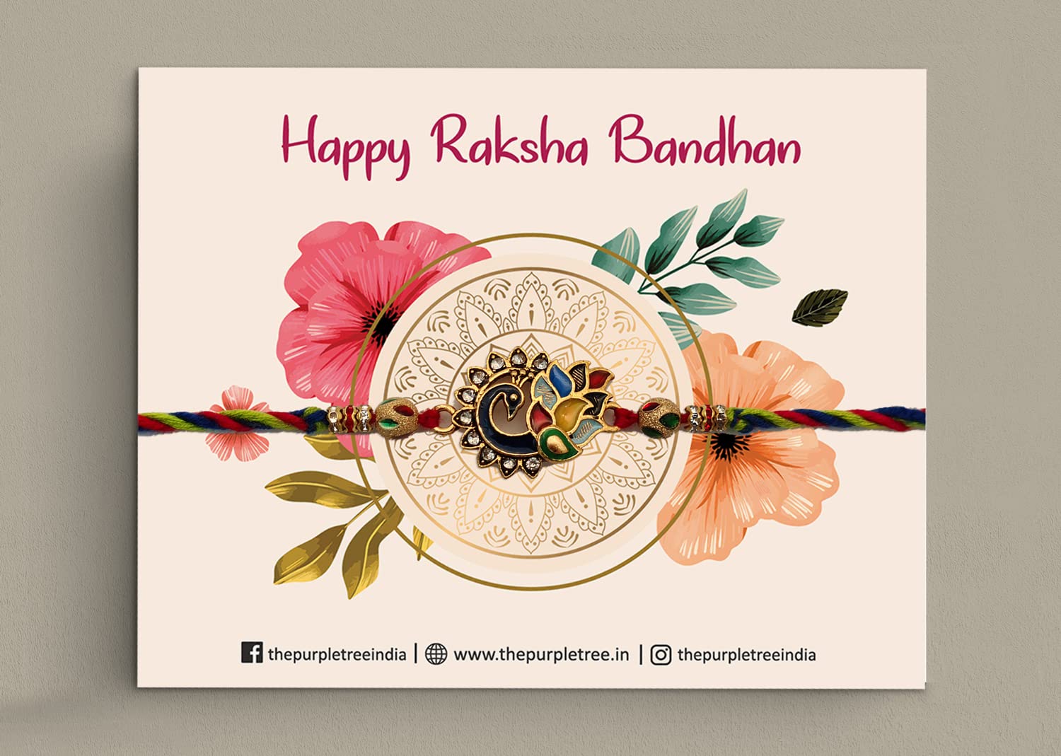 Vibrant Raksha Bandhan card featuring intricate patterns and joyful message.