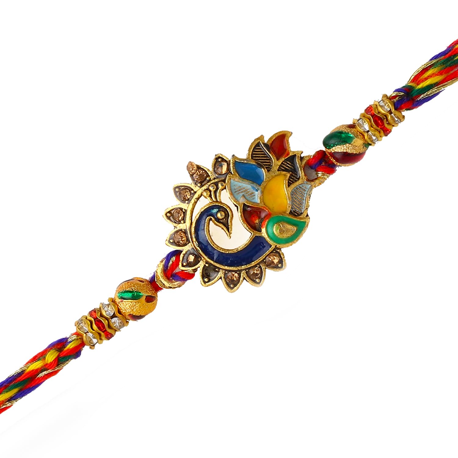  Vibrant rakhi featuring a mix of colors with a gold and red thread.