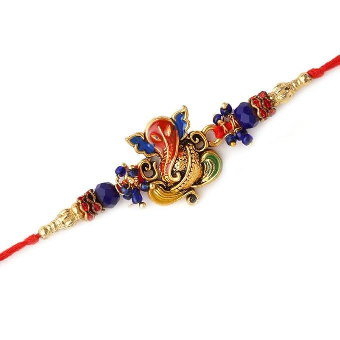 Colorful rakhi with gold plated chain, perfect for celebrating Raksha Bandhan.