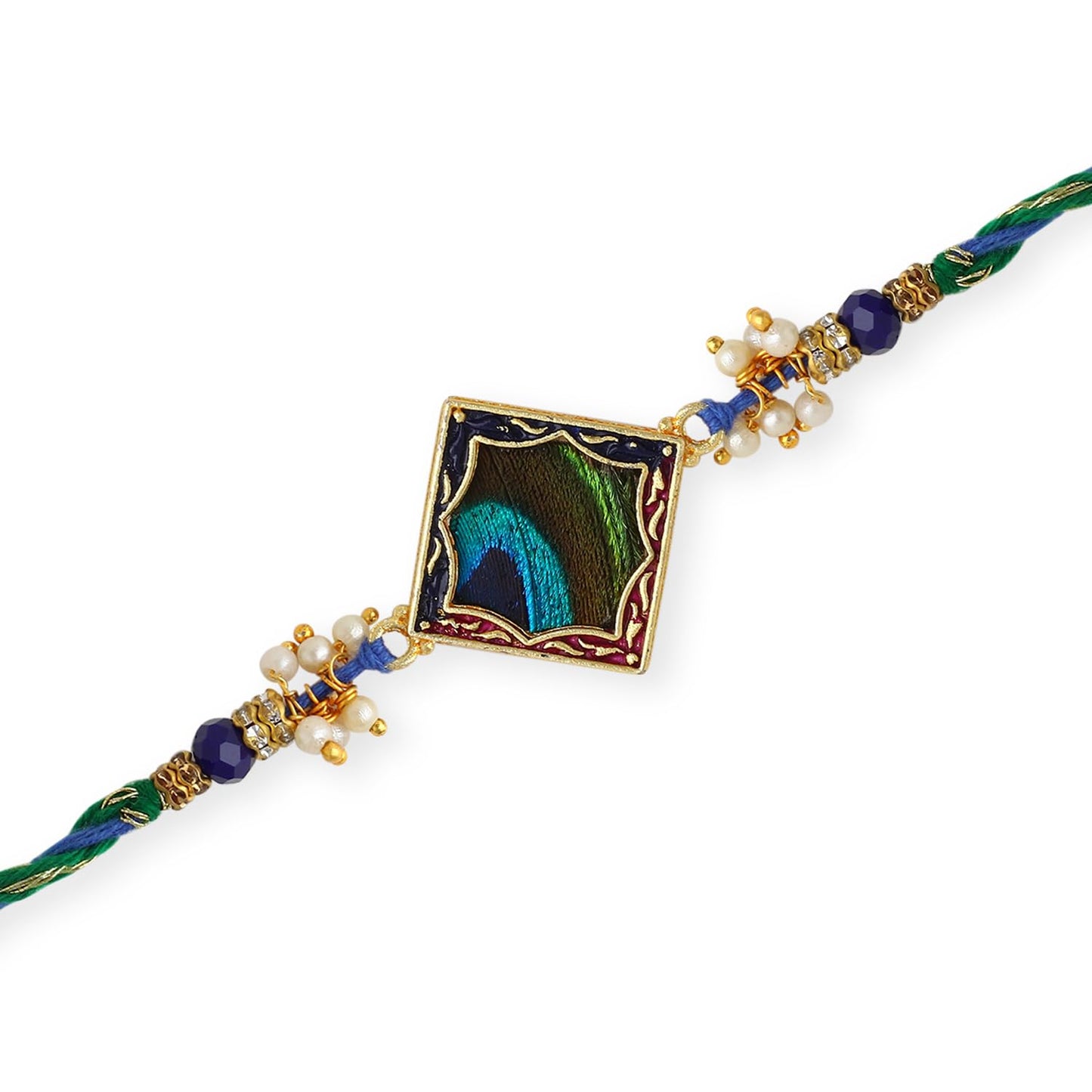 Colorful rakhi with gold and blue bead, symbolizing love and protection during the festival of Raksha Bandhan.