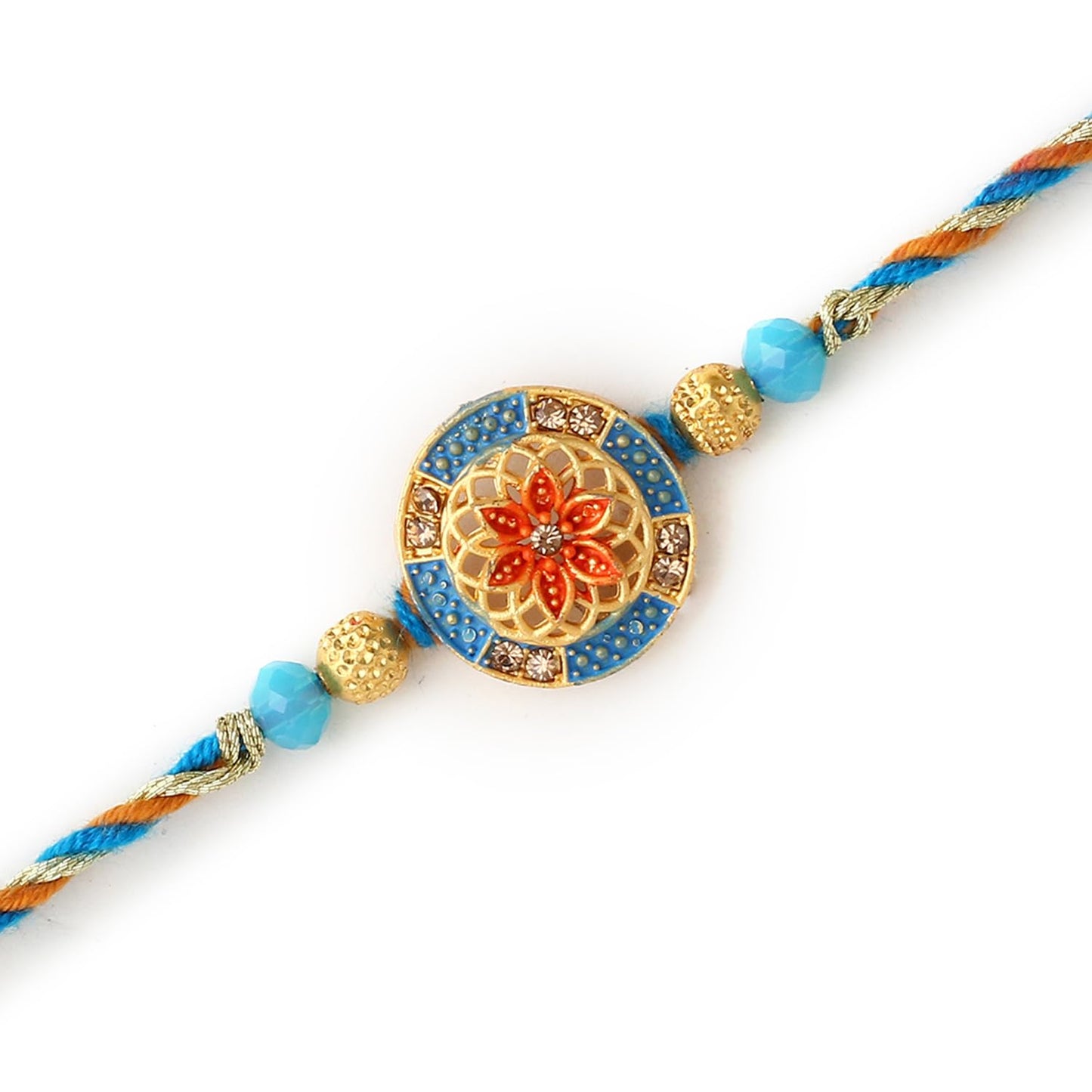 A stunning gold and blue rakhi with a floral pattern, highlighting the essence of love and tradition in cultural celebrations.