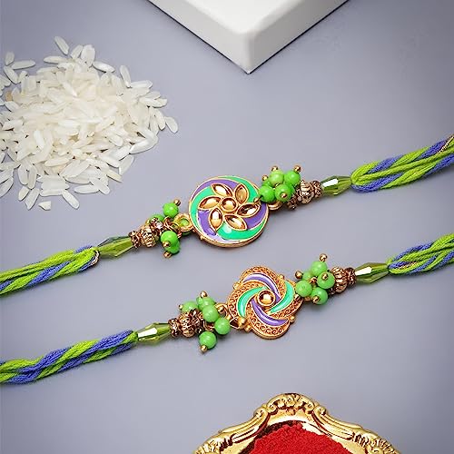 Colorful rakhi with green and yellow beads for Raksha Bandhan celebration.