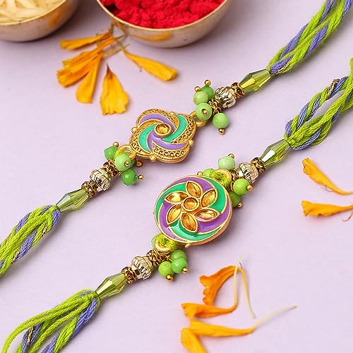 Colorful rakhi with green and yellow beads for Raksha Bandhan celebration.