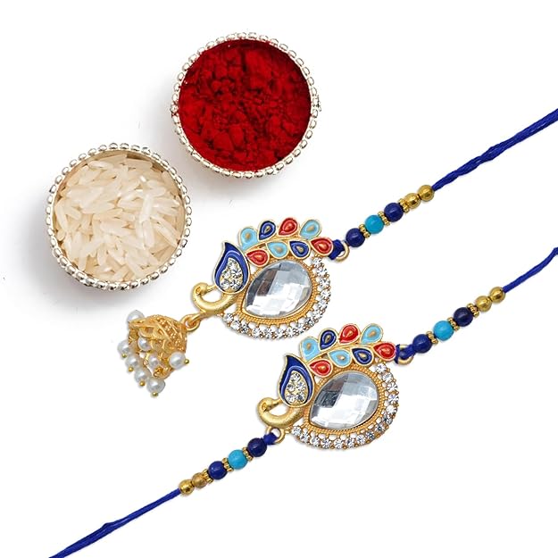 Bhaiya Bhabhi Rakhi set featuring two rakhi with blue and gold beads.