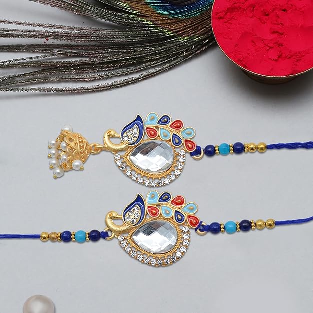 Pair of rakhi adorned with blue and gold beads for Bhaiya Bhabhi Rakhi occasion.