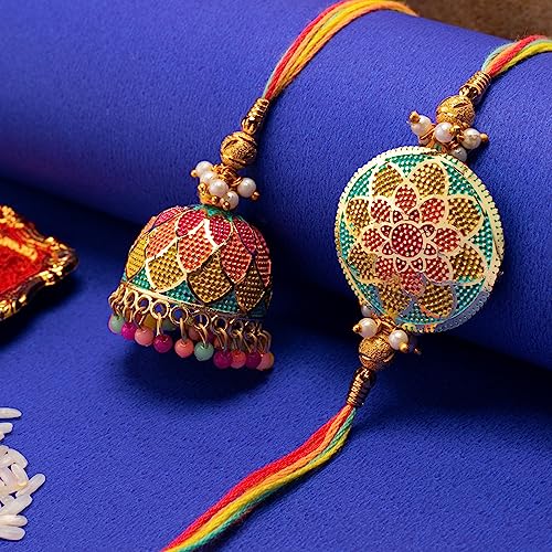 Two colorful rakhi with beads and thread, a traditional symbol of love and protection between siblings.