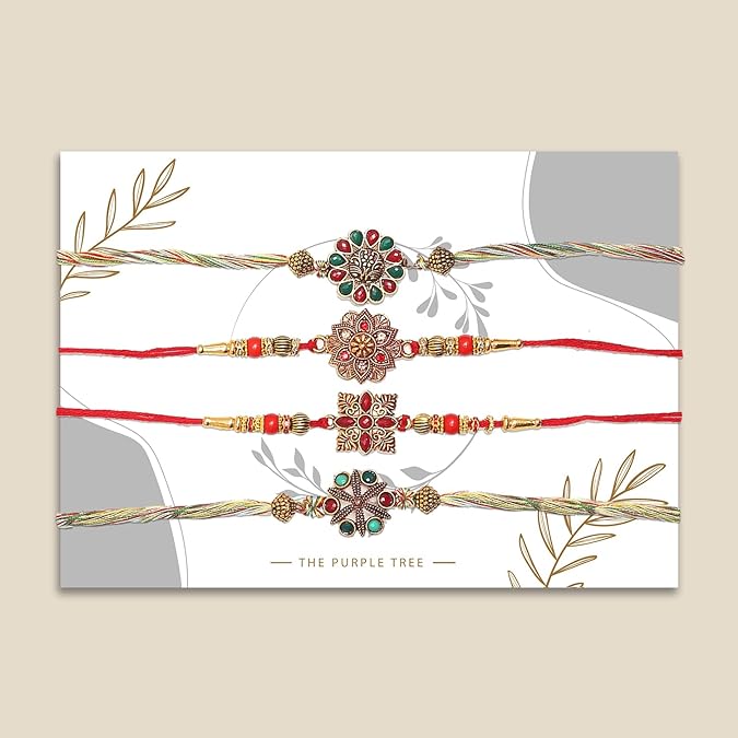 Four of rakhi's featuring various hues and embellished with gold and green beads, ideal for Raksha Bandhan.