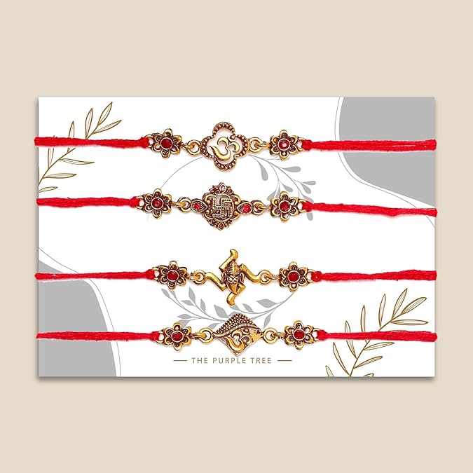  Rakhi set featuring four intricately designed pieces with gold and red beads, ideal for Raksha Bandhan.