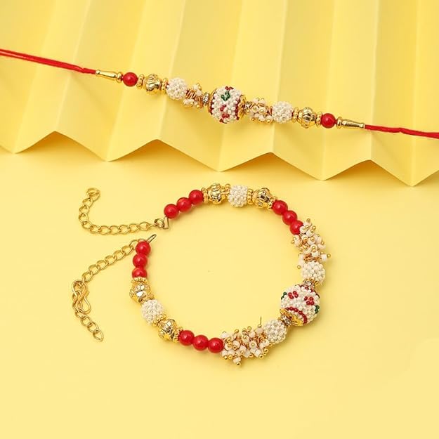 Two red and white rakhi  adorned with pearls, symbolizing the cherished bond between siblings.