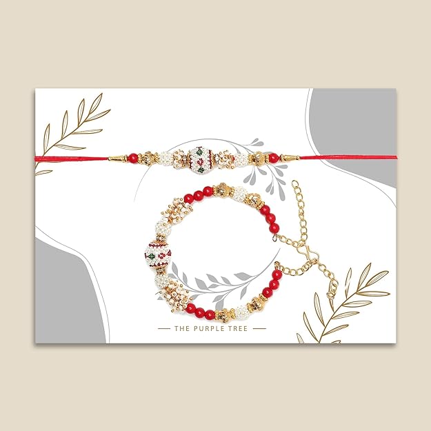 Traditional red and white rakhi bracelets with pearls, signifying sibling love.