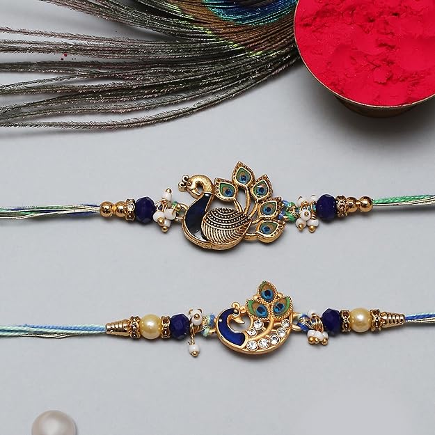  Exquisite rakhi with peacock design and gold plated beads, a meaningful gift for Raksha Bandhan.