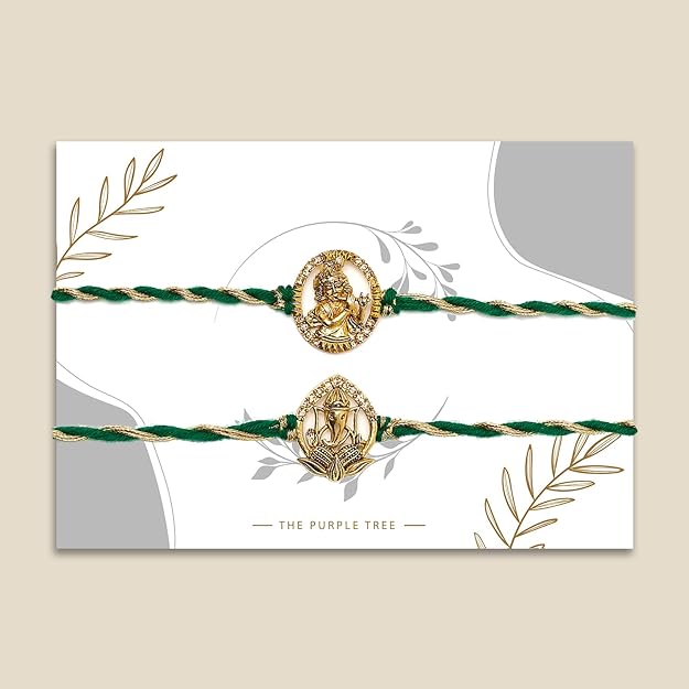 Two gold plated rakhi with green thread, perfect for celebrating Raksha Bandhan festival.