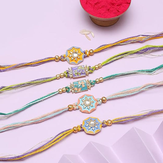Rakhi  in various colors with pearls and beads.