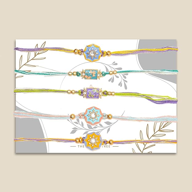 Four vibrant rakhi  adorned with pearls and beads.