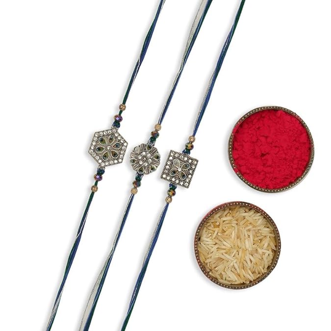 Three rakhi  with blue and white stones, symbolizing love and protection. Perfect for celebrating the bond of siblings.