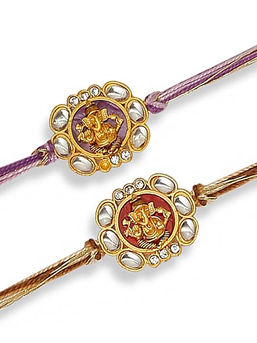 Beautiful rakhi set featuring intricate gold and purple beadwork, ideal for tying on the wrists during Raksha Bandhan.