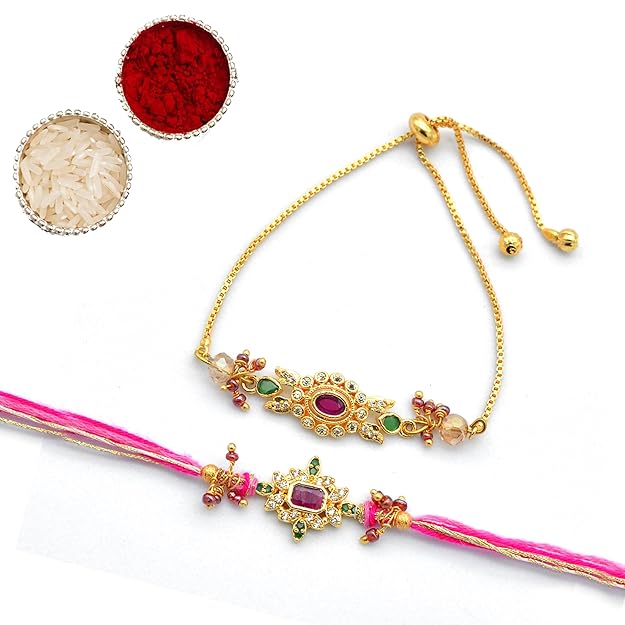 Two gold Rakhi embellished with lovely pink and yellow flowers, creating a graceful and stylish accessory.