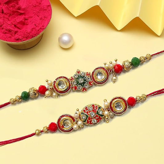 Two red and green rakhi with beads, symbolizing love and protection during the festive season