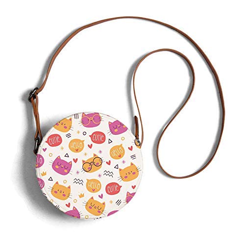 Round sling bag with cute cat face pattern in multicolor overview