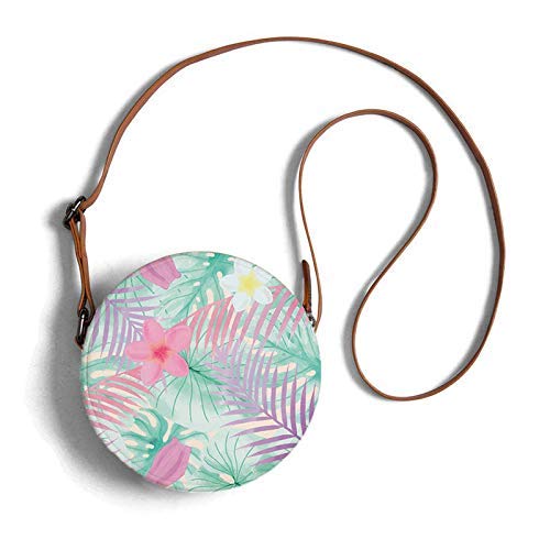 Round sling bag pink floral and green leaf prints overview