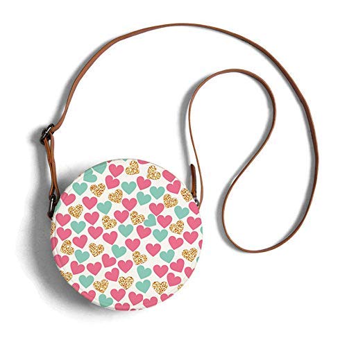 Round sling bag heart pattern prints in pink and green overview
