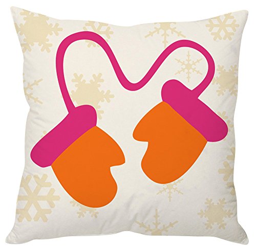 A decorative pillow featuring two cozy mittens resting on its surface.

