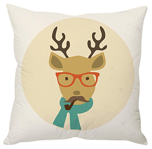 A whimsical pillow featuring a deer adorned with glasses and a stylish scarf, adding charm to any decor.

